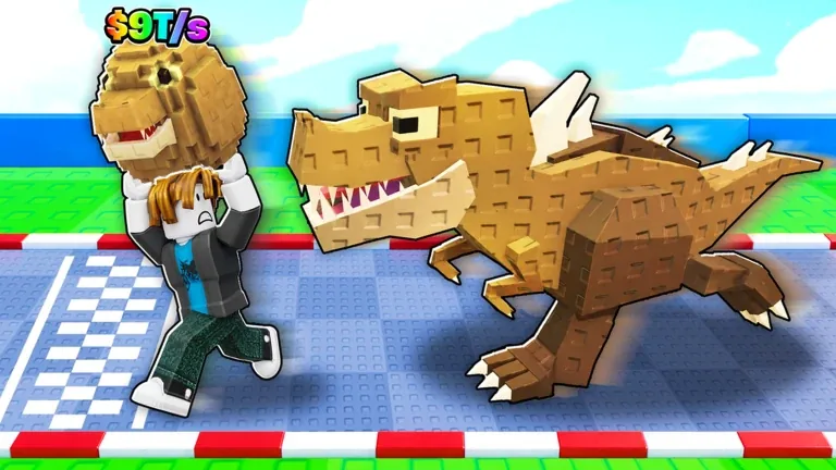 A runner carrying a dinosaur egg with a T-Rex chasing behind
